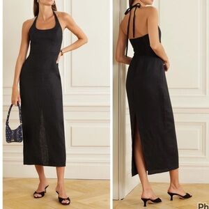 Reformation Yana Linen Midi Halter‎ Sleeveless Bodycon Size 12 Dress Black